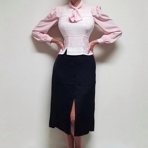 Vintage Josephine Pastel Pink Floral Satin Vest Lavallière Button Up Blouse Set - Picture 2 of 16